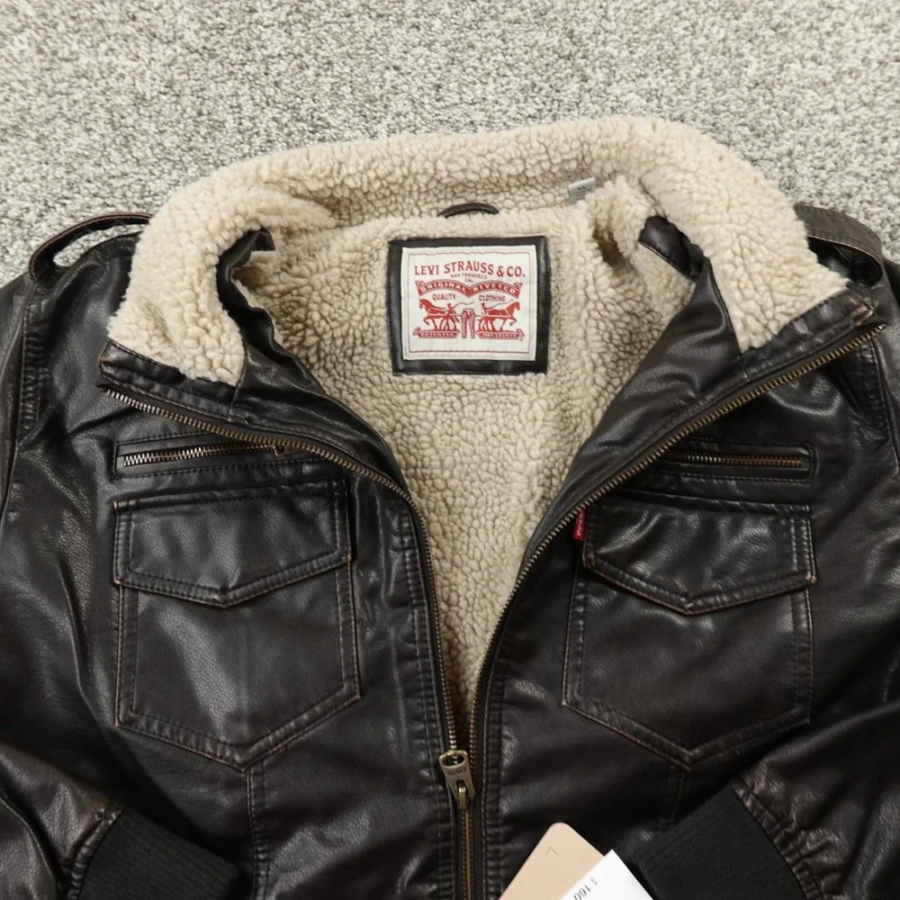 NEW Levis Jacket Mens XL Brown Sherpa Lined Faux Leather Trucker Bomber Coat Zip